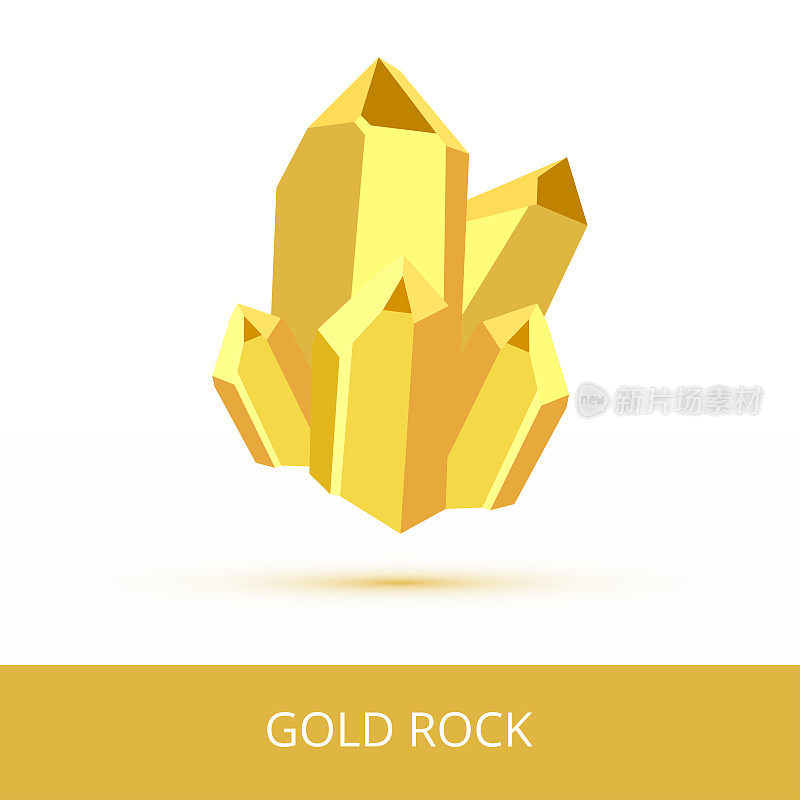 Vector mineralogy icon of gold rock stone, gold nugget or golden ore. Yellow glittering crystalline stone or gemstone crystal with shadow isolated on a white background.